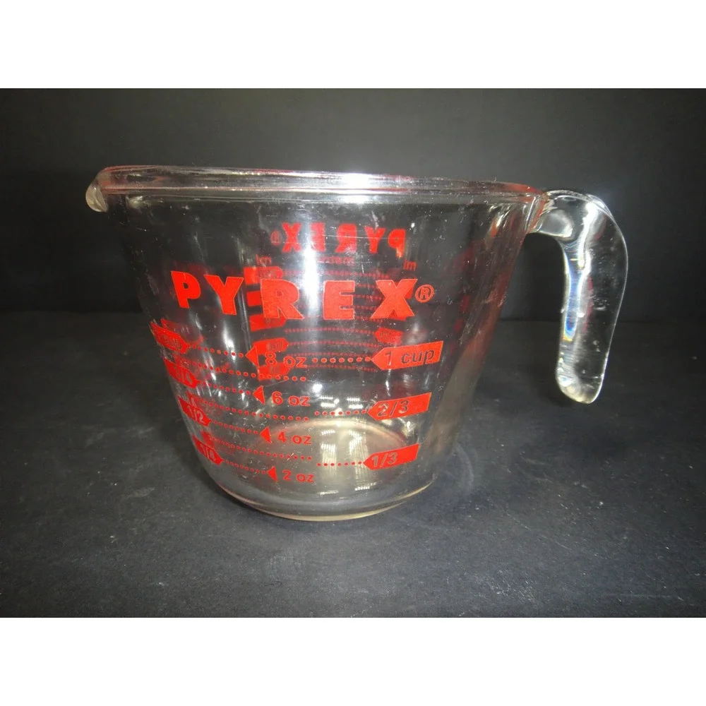 Vintage Pyrex 1 Cup Glass Measuring Cup Red Lettering Made in USA 8oz 250ml